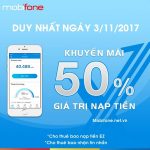 Mobifone khuyến mãi 3/11/2017 tặng 50% tiền nạp