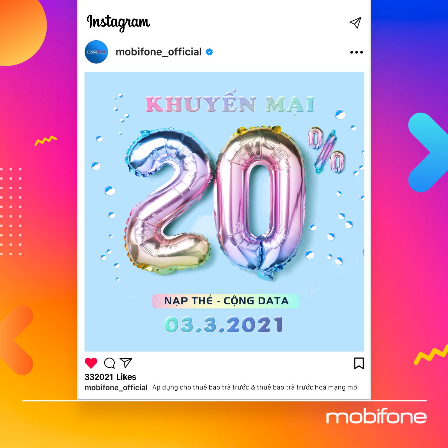 Mobifone khuyến mãi 3/3/2021 tặng 20% data giá trị thẻ nạp