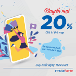 Mobifone khuyến mãi 15/9/2021 ưu đãi 20% giá trị thẻ nạp cục bộ
