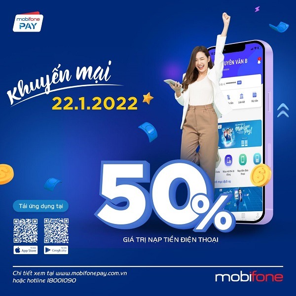 Mobifone khuyến mãi 22/1/2022 tặng 50% giá trị tiền nạp Mobifone Pay