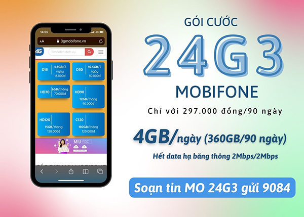 Đăng ký gói 24G3 Mobifone ưu đãi 360GB dùng thả ga 3 tháng