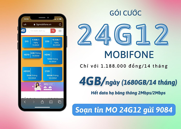 Đăng ký gói 24G12 Mobifone ưu đãi 1680GB data dùng thả ga 14 tháng
