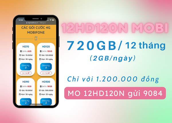Đăng ký gói 12HD120N Mobifone có ngay 720GB data dùng thả ga 12 tháng