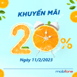 Mobifone khuyến mãi 11/2/2023 ưu đãi 20% giá trị thẻ nạp hoặc data