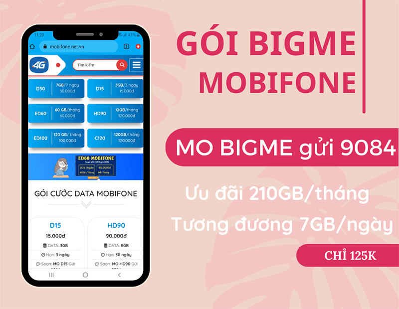 Đăng ký gói BIGME Mobifone nhận ngay 210GB/tháng (7GB/ngày) thả ga dùng mạng