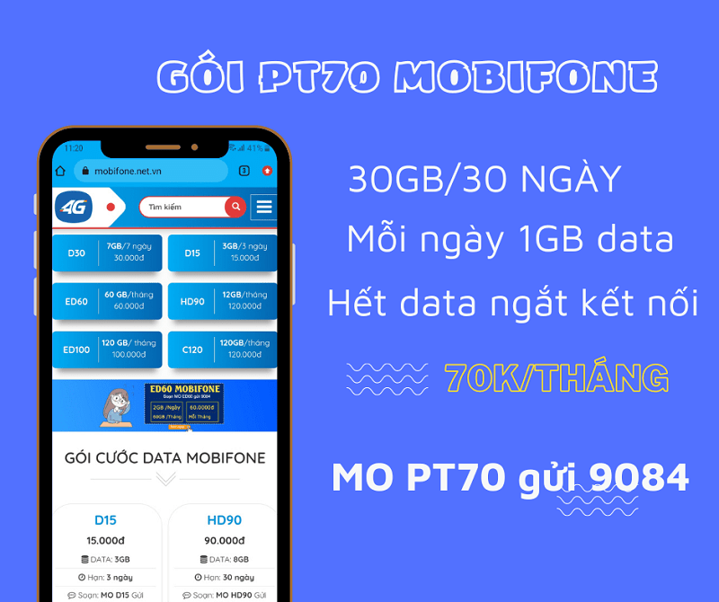 Đăng ký gói PT70 Mobifone miễn phí 1GB/ngày dùng mạng thả ga