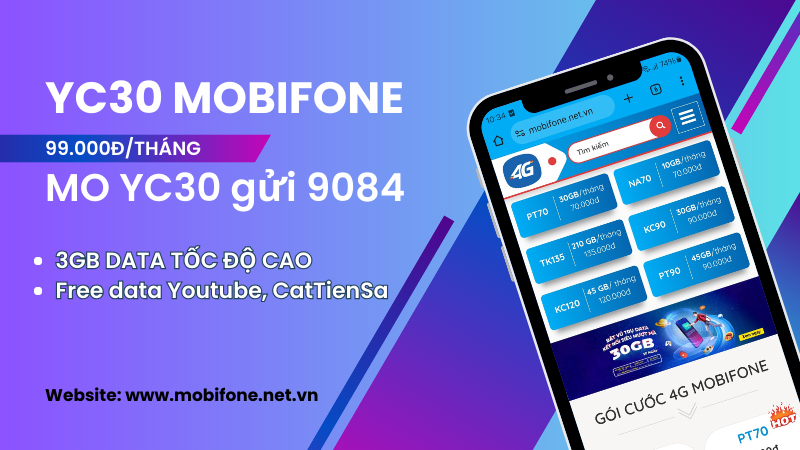 Đăng ký gói YC30 Mobifone miễn phí 3GB data, Free xem Youtube, CatTienSa Play