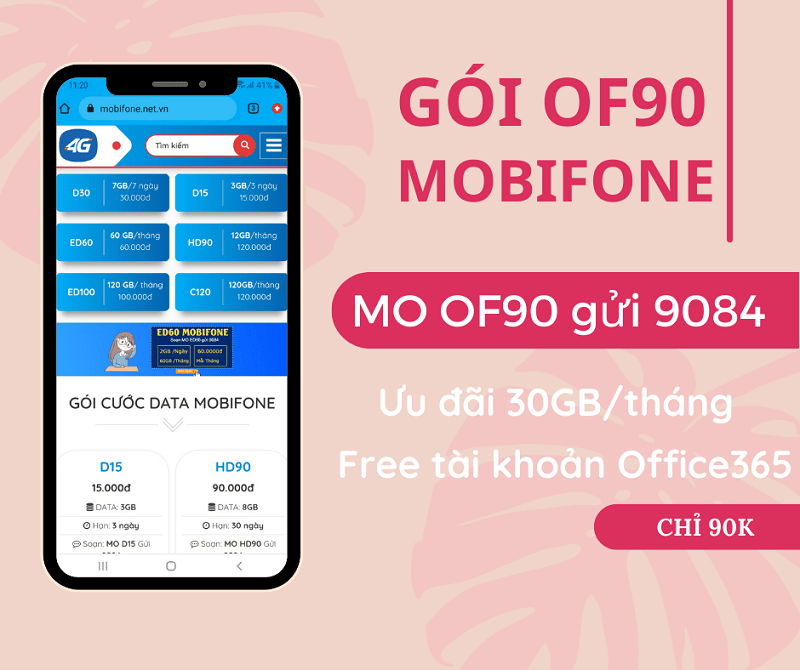 Đăng ký gói OF90 Mobifone miễn phí 30GB, Free tài khoản Office