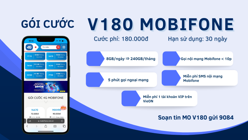 Đăng ký gói V180 Mobifone nhận 240GB, miễn phí gọi thoại