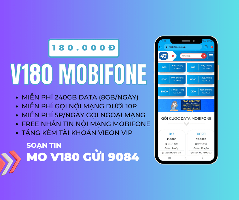 Đăng ký gói V180 Mobifone chỉ 180k/tháng nhận 240GB, miễn phí gọi thoại