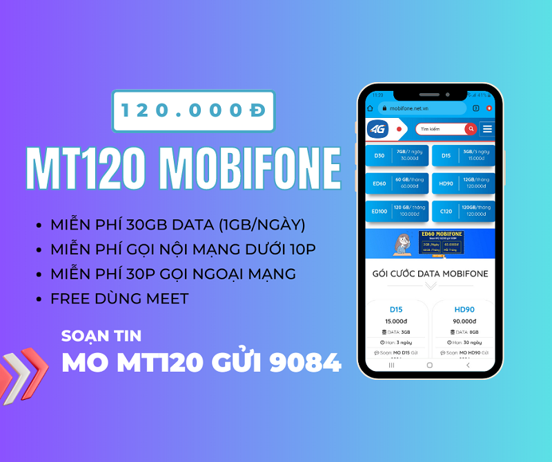 Đăng ký gói MT120 Mobifone ưu đãi 30GB/tháng, miễn phí gọi và dùng MEET