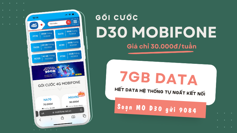 Đăng ký gói cước D30 Mobifone có ngay 7GB data dùng 1 tuần