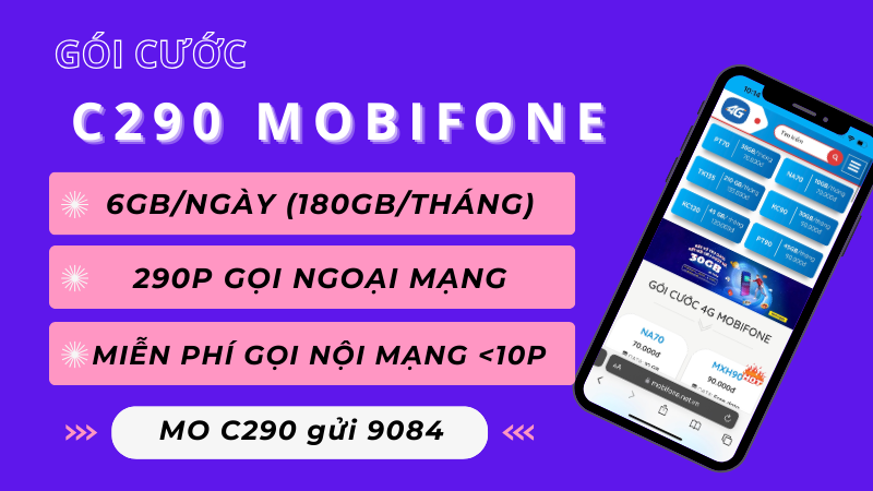 Đăng ký gói cước C290 Mobifone nhận 180GB data và triệu phút gọi miễn phí 