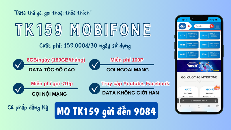 Đăng ký gói TK159 Mobifone miễn phí 180GB, thả ga gọi, dùng Facebook, Youtube