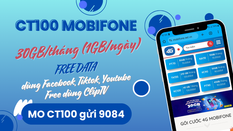 Gói cước CT100 Mobifone miễn phí 30GB, Free xem Youtube, Tiktok, Facebook