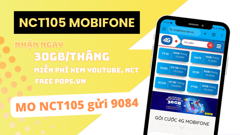 Đăng ký gói NCT105 Mobifone nhận ngay 30GB, Free xem Youtube, NCT