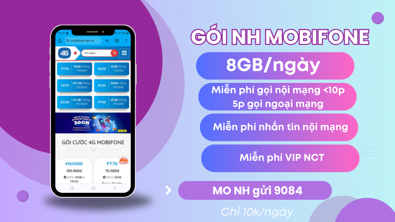 Gói cước NH Mobifone chỉ 10k ưu đãi 8GB, miễn phí gọi, nhắn tin và tài khoản NCT