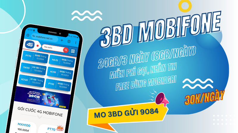 Gói cước 3BD Mobifone ưu đãi 24GB, miễn phí gọi và dùng MobiAgri

