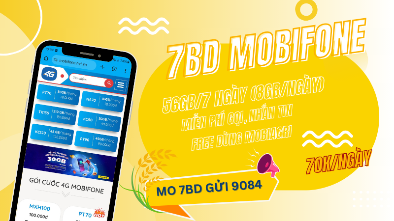 Đăng ký gói 7BD Mobifone chỉ 70k có ngay 56GB, Free gọi thoại