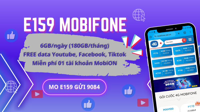 Đăng ký gói E159 Mobifone ưu đãi 180GB, miễn phí dùng Facebook, Youtube, Tiktok và MobiON