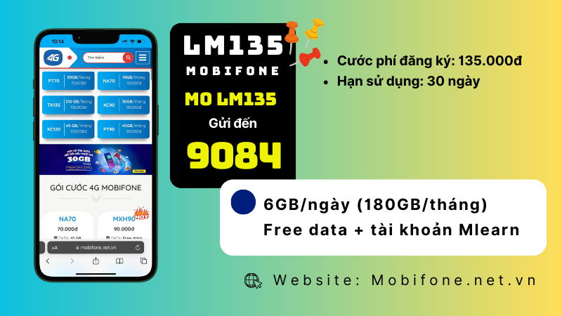 Đăng ký gói cước LM135 Mobifone miễn phí 180GB data dùng 30 ngày