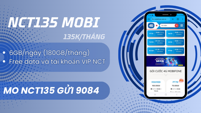 Đăng ký gói cước NCT135 Mobifone chỉ 135k có ngay 180GB, miễn phí NCT