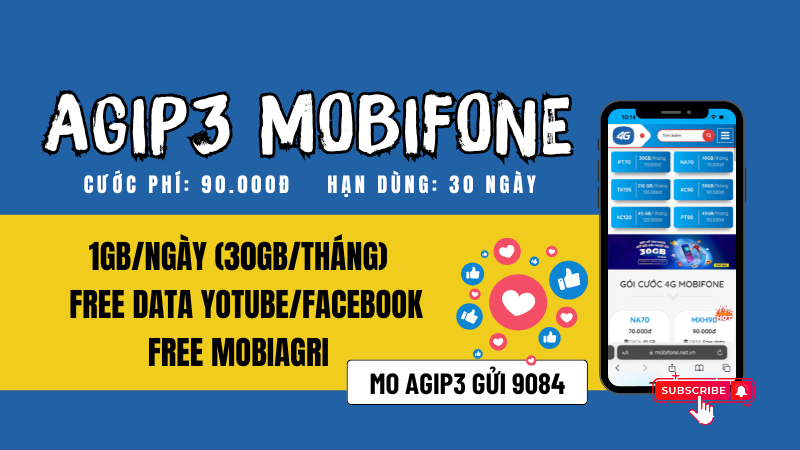 Đăng ký gói cước AGIP3 Mobifone miễn phí 30GB data và truy cập Youtube/Facebook