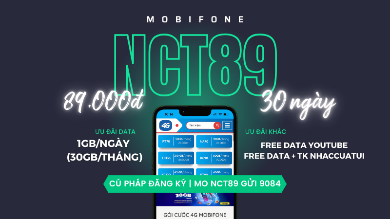 Đăng ký gói cước NCT89 Mobifone có 30GB/tháng, free data Youtube và nhạc của tui