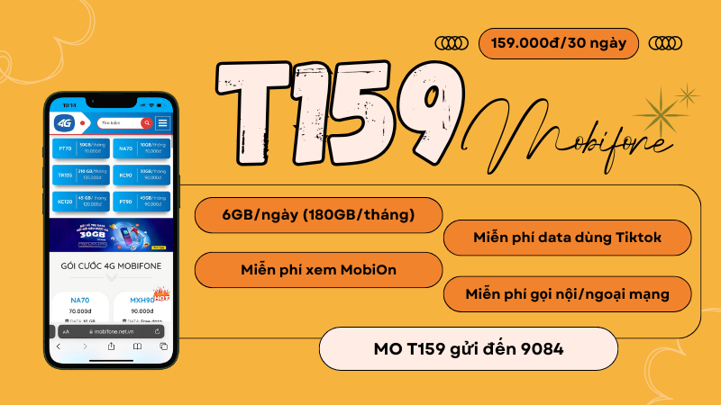 Đăng ký gói cước T159 Mobifone có 180GB data và gọi miễn phí cả tháng 