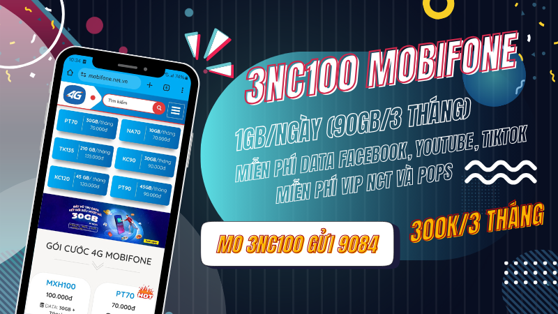 Đăng ký gói 3NC100 Mobifone có ngay 90GB, miễn phí Tiktok, Youtube, Facebook và nhiều tiện ích