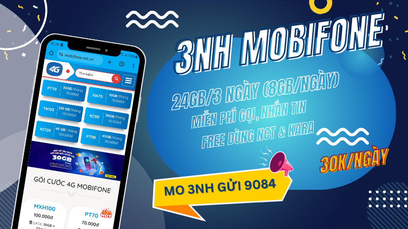 Gói cước 3NH Mobifone miễn phí 24GB/3 ngày, gọi thoại và nhiều tiện ích khác