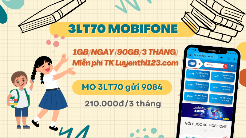 Đăng ký 3LT70 Mobifone miễn phí 90GB, miễn phí tài khoản Luyenthi123.com