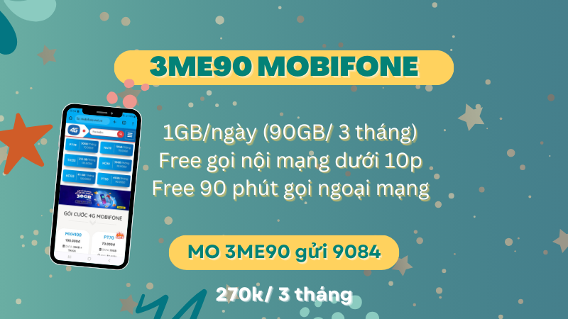 Gói cước 3ME90 Mobifone có ngay 90GB, miễn phí gọi nội mạng, ngoại mạng