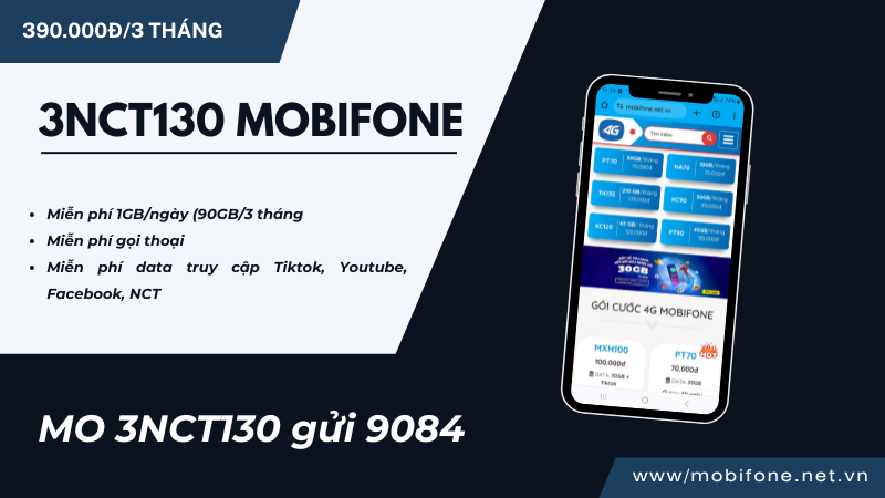 Đăng ký gói 3NCT130 Mobifone ưu đãi 90GB, kèm gọi thoại và giải trí