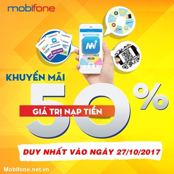 Mobifone khuyến mãi 27/10/2017 tặng 50% tiền nạp