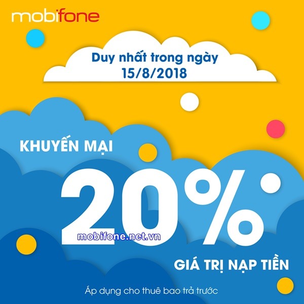 Mobifone khuyến mãi 15/8/2018 ưu đãi 20% thẻ nạp
