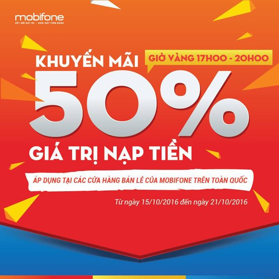Tặng 50% thẻ nạp Mobifone từ 17h-20 các ngày 15-21/10